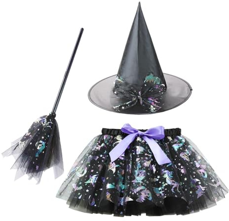FCXVXCL Halloweens Deguisement Sorciere Fille,3PCS Halloween Citrouille Jupe Tutu et Chapeau Sorciere Balai Sorcière Costume pour Halloween, Carnaval, Cosplay, Rave Parties,Black