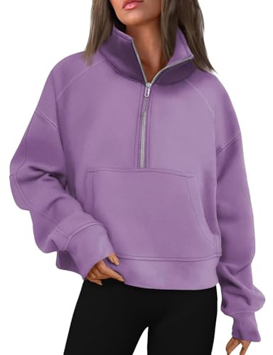 Womens Tops,Womens Half Zip Pullover Stand Collar Fleece Sweatshirt With Pockets Plain Basic Sweater Solid Color Resort Wear（01-Purple,Xxl）