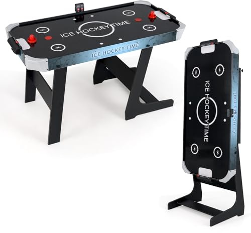 COSTWAY Table de Hockey à Air Pliable avec Marqueur Électronique LED & Ventilateur 12V, Table de Jeu Compact de 144cm avec 2 Palets & 2 Poussoirs, Air Hockey pour Adultes et Enfants