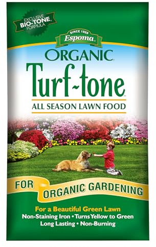Espoma Turf-Tone All Season Organic Lawn Food with Iron & Exclusive Bio-Tone Formula - Slow Release Long Lasting Feeding for All Lawns - Granular Lawn Fertilizer for All Seasons - Made in USA, 28 lbs