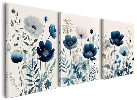 Set di quadri floreali da parete 30×40 cm, set di 3 quadri con motivo botanico in acquerello blu, in tela incorniciata, decorazione naturale per soggiorno, camera da letto, cucina, ufficio, con ganci