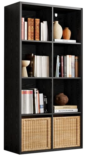 IROCNK Bookshelf, 8-Cube Storage Cube Shelf Organizer, Extra Thick Frame Horizontally & Vertically Reversible Bookcase with Open for Living Room, Bedroom, Home Office, Black