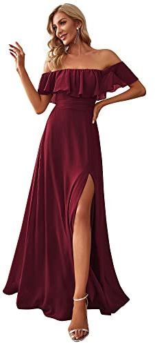 Ever-Pretty Vestito da Cerimonia Donna dalla Spalla Linea ad A Chiffon con Spacco con Volantes Stile Impero Lungo Borgogna 48EU