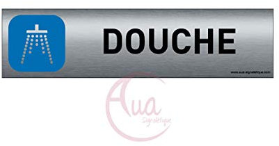 AUA SIGNALETIQUE - Plaque de porte Aluminium brossé imprimé AluSign - 200x50 mm - Double Face adhésif au dos - Impression UV directement sur l'aluminium (Pas de contre collage) (Douche)