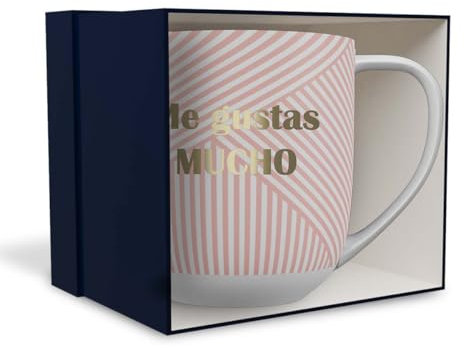DRAEGER PARIS 1886 - Taza Cerámica Chic 320 ml Me gustas Mucho - Diseño Geométrico Rosa con Mensaje Dorado - Taza Decorativa Para Café en Caja Regalo
