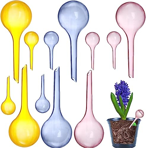 Yopay 12 Pieces Plant Watering Bulbs, Automatic Self-Watering Globes Tools Set, Indoor Plastic Balls Vacation Houseplant Garden Waterer Flower Water Device Drip for Plant, Blue, Yellow, Pink