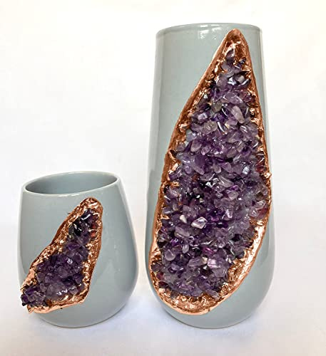Grey and Gold Ceramic Vase/Planter/Pot/Wine Goblet/Mug with Purple Amethyst Semi - Precious Agate Crystal Gemstones |Both (Small & Large), (Rose Gold - Finish)