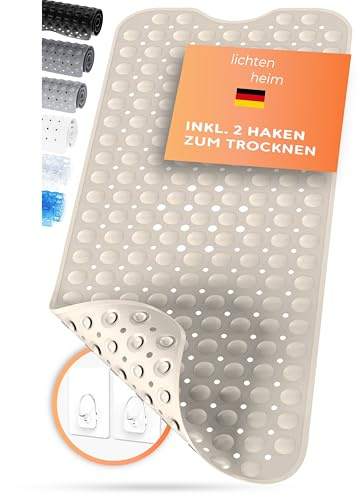 LICHTENHEIM Tappetino da doccia antiscivolo Sensitiv 100 x 40 cm, con 2 ganci, tappetino antiscivolo per vasca da bagno, senza BPA, resistente alla muffa e lavabile (sabbia)