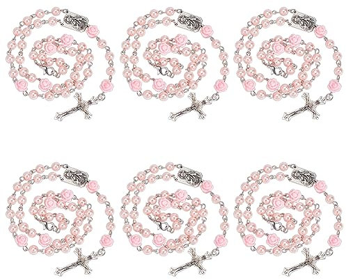 nbeads 6 Stück Harz Rose Perlen Rosenkranz Halsketten, Rot Undurchsichtig Harz BLUMENNn beten Rosenkranz Halskette Oval Form Emaille Legierung Anhänger Perlenkette für Frauen Geschenk Dekoration