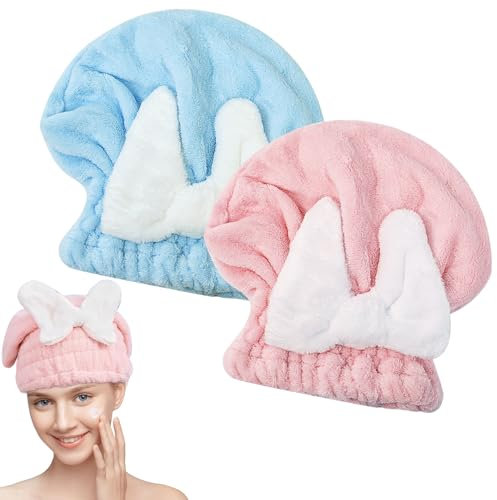 2 Stück Mikrofaser Haarhandtuch, Haartrocknungstuch Haarturban Schnelltrocknend Haartrockentuch Trockene Haarkappe Haartrockner Kappe Turban Kappe Handtücher Kopf Mikrofaser Handtuch Haare für Frauen