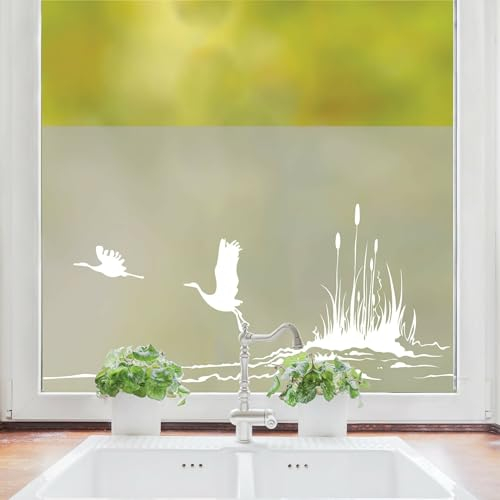 Wandtattoo Loft Sichtschutzfolie Fenster mit Schilf und Kranich Motiv, Maritime Fensterfolie Blickdicht, Milchglasfolie, Maritime Fensterdeko Folie, Fenster Dekoration Maritim, Fenster Klebefolie