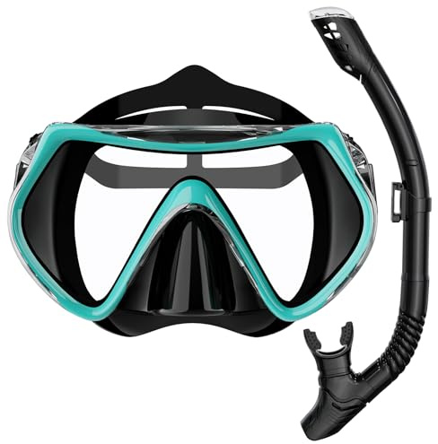 BuyCard Snorkel Mask,180 Degree Panoramic View Dry Top Snorkeling Gear，Safe Anti-Leak Anti-Fog Diving Mask, Snorkel Set and Swimming Goggles (Peacock Green)