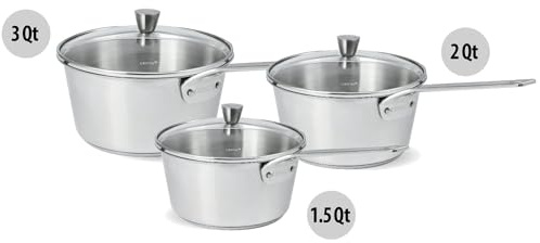 Cristel 1826 Collection 3-Piece Saucepan Set, Made in France, 18/10 Stainless Steel, 3-Ply Construction, Double Riveted Fixed Handle, Oven and Dishwasher Safe