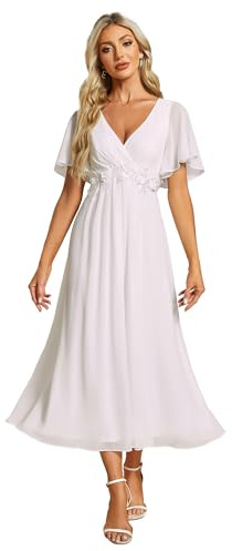Ever-Pretty Women's Embellished Midi Evening Dress Ladies Short Sleeve line with Short Sleeve for Wedding Guest Dress White 20UK
