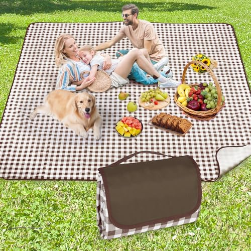 Anyiner Coperta da picnic impermeabile, 200 x 200 cm, grande, da viaggio, coperta da spiaggia, antiscivolo, con maniglia per il trasporto, per picnic, spiaggia, campeggio, marrone (marrone, 200 x 200