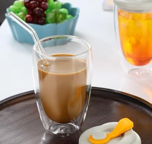ASelected 2x350ml Glass Coffee Mugs, Clear Double Walled Coffee Glasses Set, Cappuccino Latte Macchiato Glasses, Heat Resistant Espresso Cup for Milk Juice Ice Cream