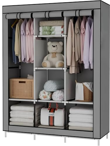 LONENESSL Canvas Wardrobe, 128 x 45 x 170 cm Closet for Bedroom, Portable Cloth with 2 Hanging Rails and 6 Storage Compartments, Fabric Foldable Storage Cupboard (Grey)