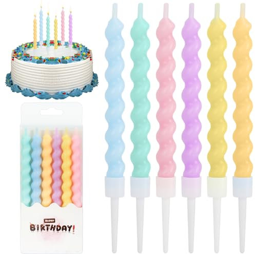 12Pcs Birthday Cake Candles, Rainbow Birthday Candles, 12cm Colourful Candle with Holder, Rainbow Pastel Birthday Candle for Cake Decoration Party Birthday (Spiral)