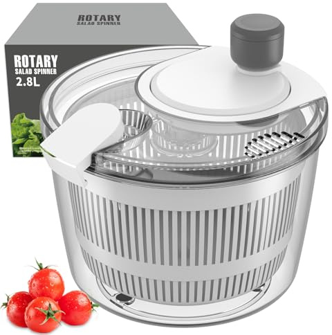 Ourokhome Salad Spinner Lettuce Dryer, Hand-crank Rotary Vegetable Dryer Veggie Washer with Transparent Bowl and Colander for Greens, Herb, Berry, Fruits, Macaroni, 2.8 QT, White