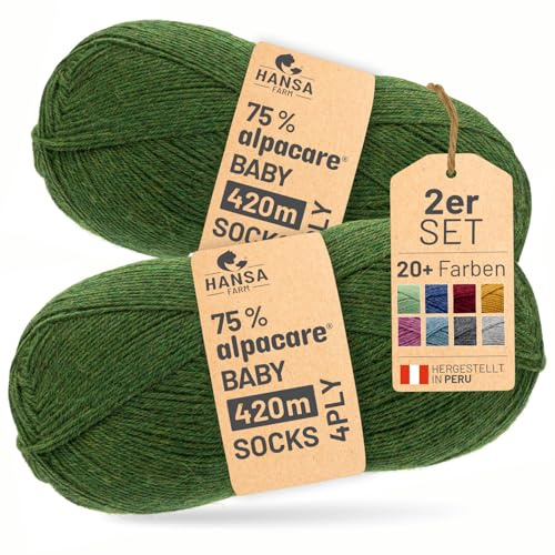 HANSA-FARM |alpacare 75% waschbare Baby Alpaka Socks 224g Set (2 x 112g) Sockenwolle kratzfreie Wolle zum Stricken & Häkeln - HF285 Mittelgrün Melange