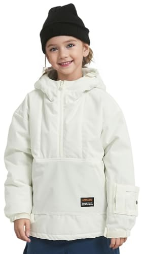 Boys Girls Pullover Anorak Hooded Ski Jacket Waterproof Windproof Snowboard Jackets Winter Coat Warm Insulated(10Y,White)