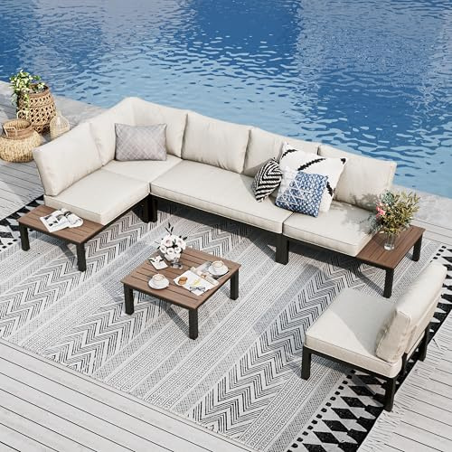 PHI VILLA Garden Furniture Metal Corner Sofa 6 Seaters, U shaped Outdoor Conversation Sofa Couch Set, 6 Pieces Patio Sectional Furniture Sets with Thickened Cushions, Beige