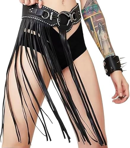 IBLUELOVER Ceinture à Franges pour Femme Punk Ceinture Jupe Pompon en Cuir PU Gothique Vintage Jupe Danse Costume pour Halloween Déguisement Fête Cosplay Robe Tenue de Festival de Carnaval