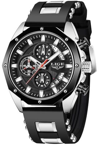 LIGE Herren Uhren | Armbanduhr Herren wasserdichte Retro Uhr Leuchtendes Chronograph Schwarz Silikonarmband Quarz Analog Herrenuhren mit Datum Vintage Watches Geschenk für Männer,Silber Schwarz
