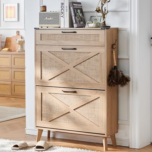 LELELINKY Shoe Storage Cabinet for Entryway with 2 Rattan Flip Drawers, Boho Narrow Shoe Cabinets for 16-20 Pairs Shoes with Large Drawers, Hidden Slim Rack with Wood Legs for Hallway, Natural