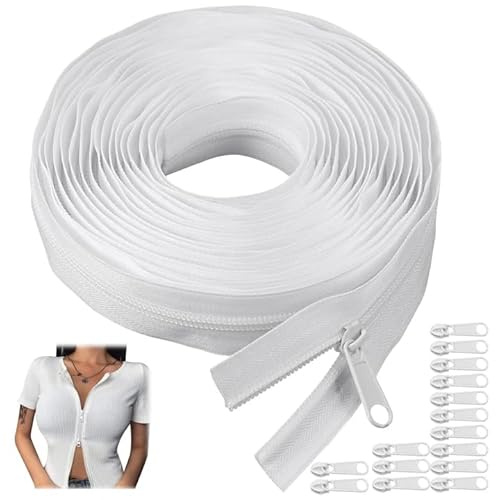 5M Zippers for Sewing, 5mm White Heavy Duty Continuous Zip,Zippers by The Yard for Sewing, Zipper Tape with 25 Metal Sliders, Nylon Coil Zips White for Bags Craft Sewing, Clothing and Bed Linen