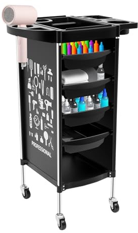Carrello da parrucchiere, carrello da salone con 4 cassetti estraibili, carrello da parrucchiere per stilisti, carrello da barbiere con 5 cassetti, carrello da lavoro per parrucchiere, 37 x 34 x 88 cm