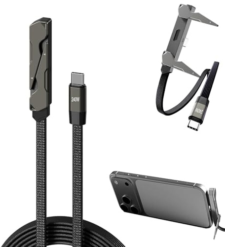 Caricatore invisibile 2in1 per telefono, 2M Caricatore Telefono Laterale, Ricarica Rapida 240W, Caricatore Laterale Tipo C con supporto per telefono integrato, per smartphone, tablet, giochi e ufficio