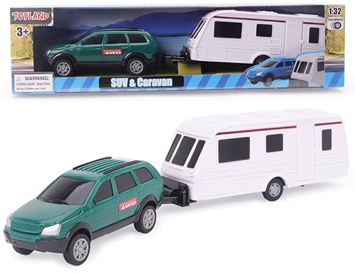 Toyland® Grön bil med avtagbar husvagnsuppsättning - 1:32 Scale - Frihjulsdriven SUV och släpvagn, samlarleksaksfordon för barn - Ålder 3+