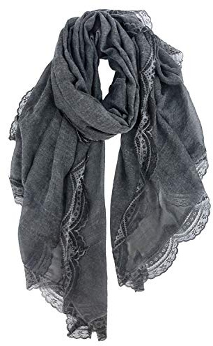 DAMILY Schals & Tücher für Damen mit Spitzenmuster, Schöner Weicher Halstuch und Musselin Tuch für Frauen, Langer Baumwolle Festliche Stola (Dunkelgrau)