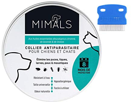 MIMALS™ Collier Anti-Puces et Anti-Tiques pour Chiens et Chats – Conçu à Partir d’Huiles Essentielles Bio – Confortable et 100% Waterproof – Peigne Anti-Puces INCLU