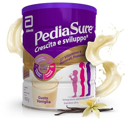 PEDIASURE Crescita e Sviluppo, Integratore Alimentare per Bambini da un anno in su, Multivitaminico con 27 Vitamine e Minerali e Proteine, Confezione 850g, gusto Vaniglia