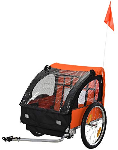 HOMCOM Kinderanhänger Kinderfahrrad geeignet für 2 Kinder, Stahlrahmen, Sitzträger mit Sicherheitsgurt, für Kinder ab 18 Monaten, Oxford-Gewebe, Stahl, 130x76x88 cm, Orange+Schwarz