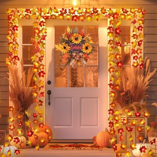 2 Pack Fall Decorations for Home Maple Leaf Lights Multicolored, Total 20Ft 40LED Battery Operated Fall Leaves Garland with Light String Autumn Harvest Table Indoor Halloween Thanksgiving Decorations