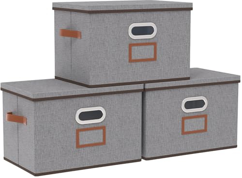 OUTBROS Cajas de Almacenamiento con tapas, Cestas de Almacenaje para estantes, Plegables Contenedores de tela para el hogar y la oficina, 45 x 30 x 30 cm, Gris, paquete de 3