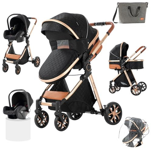 Prokoke Kinderwagen 3 in 1, Kinderwagen Set Einem Klick Faltbar, Kombikinderwagen 3 in 1 mit Umkehrbarem Zwei-Wege-Schub, Buggy Rahmen Aluminiumlegierung Baby Kleinkind Neugeborene (225 Black)