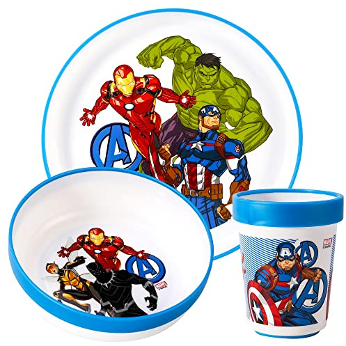 Avengers - Juego de vajilla bicolor reutilizable para niños, 3 piezas, plato, cuenco y vaso, sin BPA