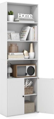 GOPLUS Bibliothèque Armoire à 6 Étagères, Portes de Style Ferme, Étagère de Rangement Polyvalente avec Étagères Réglables pour Bureau, Salon, Étude, Blanc