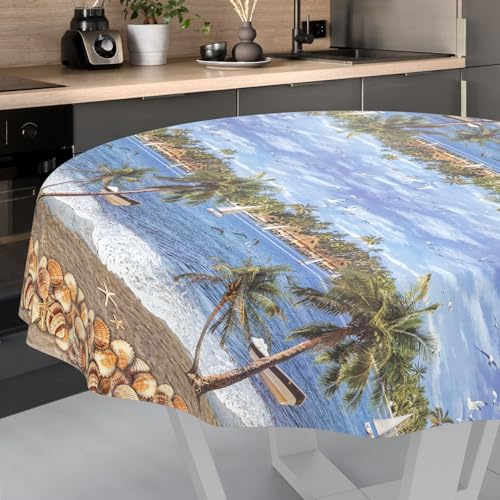 Nappe en Toile cirée Lavable, pour Table de Jardin, extérieur et intérieur, Ronde, 140 cm, Bord coupé, Vacances