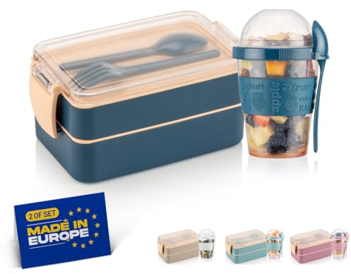 Winkly® Lunchbox, Brotdose kinder mit fächern (400+500)ml & 600ml Müslibecher - Bento Box To Go, 2-Fächer Bento & Besteck, Jausenbox für Mikrowelle & Spülmaschine, Brotdose schule, Picknick(Navy Blau)
