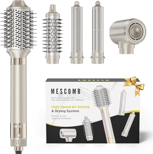 MESCOMB Air Styler 5 en 1 Air Brush Brosse Chauffante Sèche-Cheveux avec Ucleurs Auto-Wrap, Brosse Ovale, Pas de Dommage Thermique, Style Polyvalent pour Tous Types de Cheveux, Offrir des Cadeaux