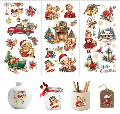 Joeyan Christmas Rub On Transfers for Crafts and Furniture, 3 Sheets Vintage Xmas Stickers Transfer Decals for DIY Wood Glass Metal Canvas Porcelain Paper Plastic Fabric Decorations, 15x30CM