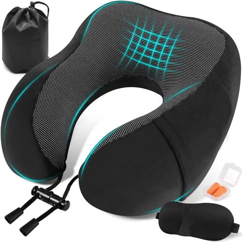 Almohada de Viaje Cuello, Cojin Cervical para Avión Oficina Avión Tren Coche Viajando, Ajustable Comfy Almohada Cuello Viscoelastica de Espuma Memoria, con Máscara de Ojos, Tapones y Bolsa (Negro)