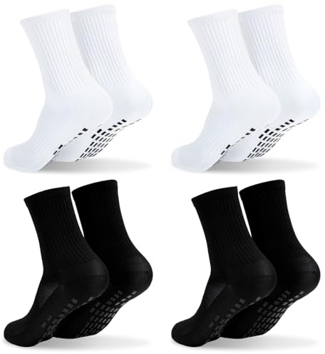 Youkly Grip Socks Football, Breathable Football Grip Socks Kids, 4 Pairs Sweat-Absorbent Kids Grip Socks for Rugby Running Basketball Hockey (2 Black 2 White)