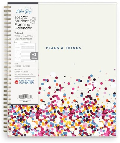 Blue Sky 2026-2027 Weekly and Monthly Academic Year Student Planner Calendar, July 2026 - June 2027, 8.5 x 11, Flexible Cover, Wirebound, Laminated Tabs, Star Confetti Bright