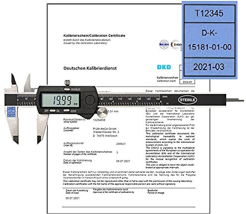 STEINLE 1321 Digital Messschieber 150 mm -DAL- mit Feststellschraube, Tiefenmaß eckig inkl. Kalibriermarke & DAkkS Kalibrierschein entspricht der IATF 16949 Forderung